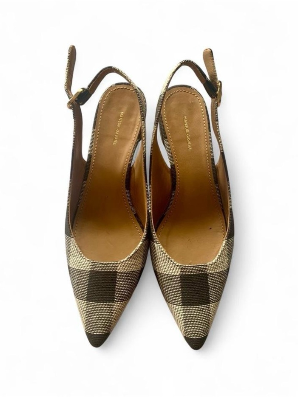 Mansur Gavriel plaid pointed toe slingback quiet luxury sandal 5.5 boho retro